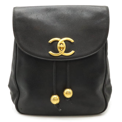 Chanel Caviar Skin Coco Ball Coco Mark Drawstring Backpack Leather Black