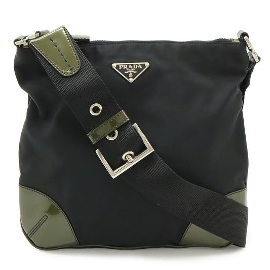 Prada Triangle Logo Nylon Patent Leather Shoulder Bag