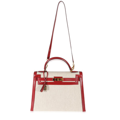 Hermes Kelly 32 Vintage Rouge Box Natural Toile Sellier