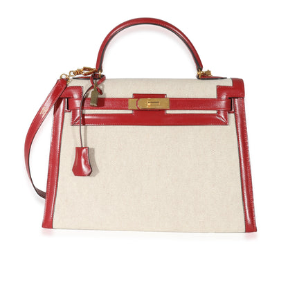 Hermes Kelly 32 Vintage Rouge Box Natural Toile Sellier