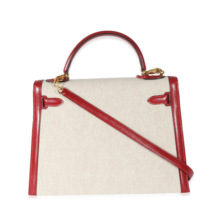 Hermes Kelly 32 Vintage Rouge Box Natural Toile Sellier
