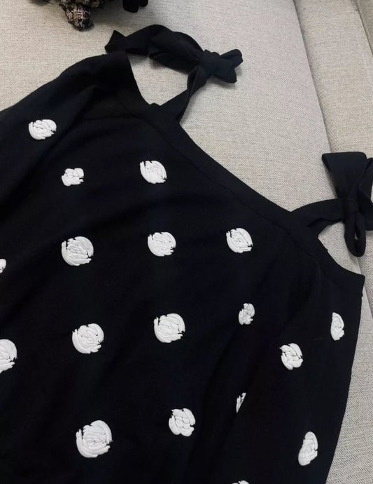 CHANEL 23K CAMÉLIA OFF SHOULDER TIE TOP