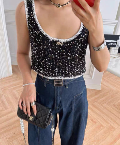Chanel 23s black sequined bow top size 38