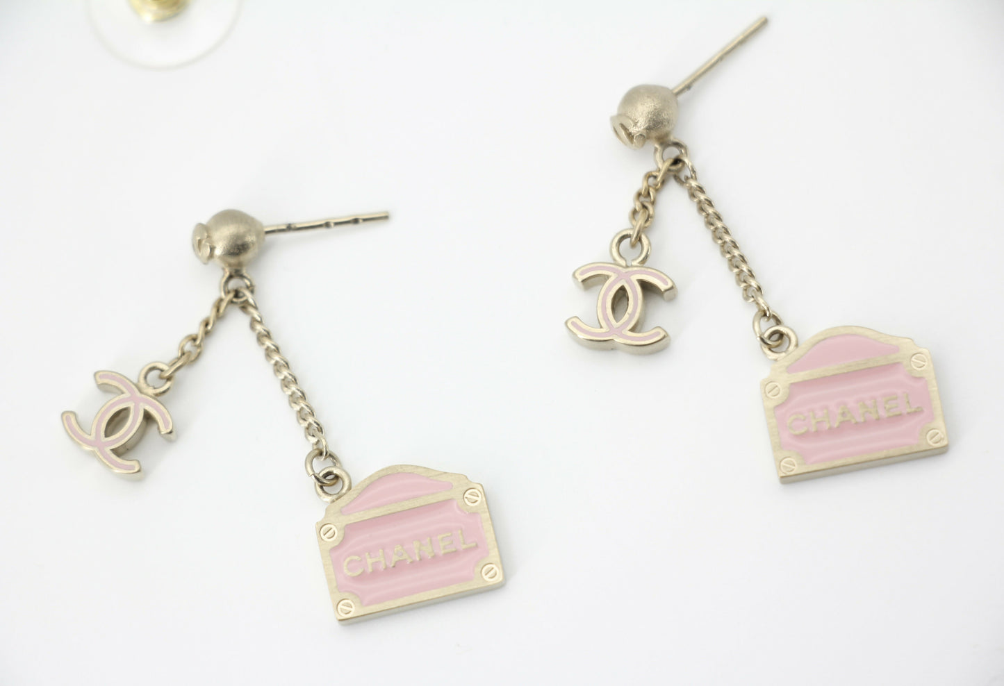 Chanel Vintage 01 Enamel Pink Purse Rue Cambon CC Dangle Stud Earrings