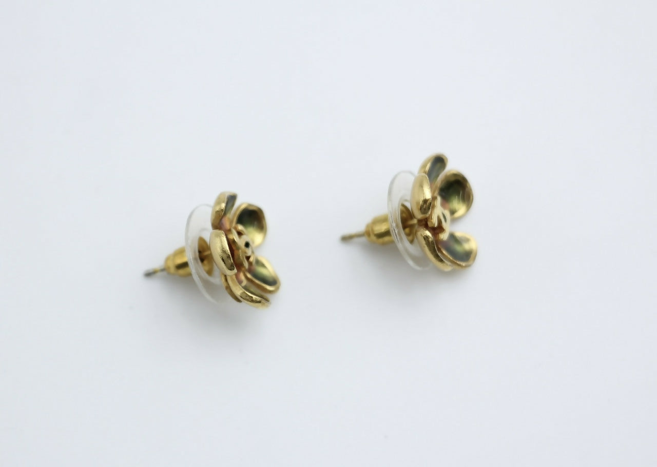 Chanel Vintage 03P Gold-plated Emerald Green and Red Flower Stud Earrings