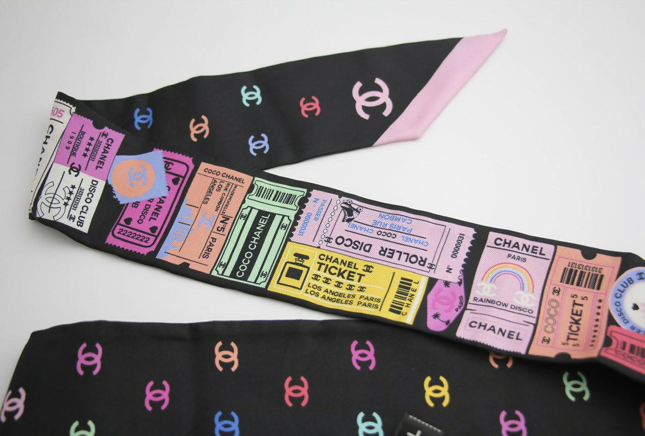 CHANEL 100% Slim Silk Scarf Bandeau Twilly CC Mark Scarf in Multicolour