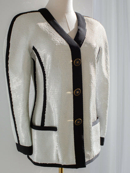 Chanel Vintage S/S 1991 Collector White Black Sequin CC Scuba Jacket