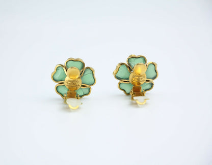 Chanel Vintage 97P Gripoix Jade Light Green Camellia Clip-on Earrings