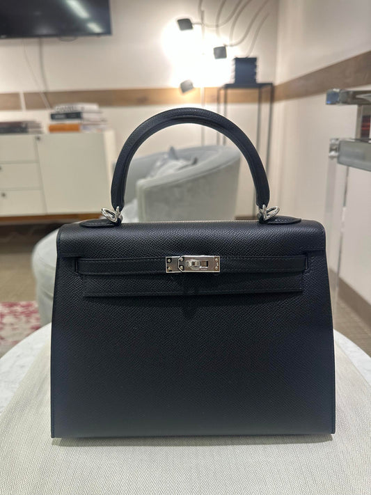 Hermes Kelly 25 Sellier Black Epsom Palladium Hardware