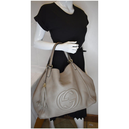 GUCCI Soho Top Handle Pebbled Leather Tote Bag Taupe 282308