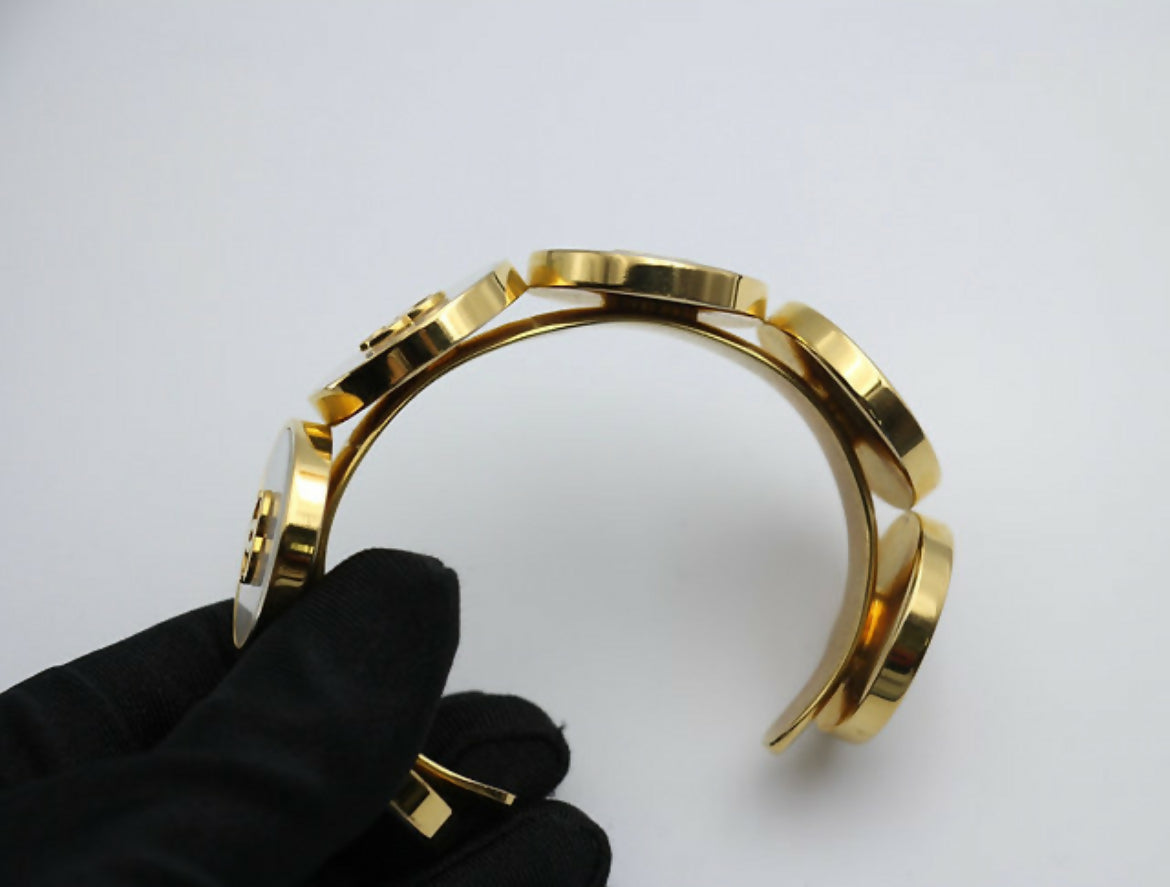 Chanel Vintage 95A Mother-of-Pearl Circle Shape Gold Plated Bracelet Cuff