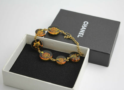 Chanel Vintage 98A Acrylic Dark Brown Turtle and Camellia Tortoise Shell Style Bracelet