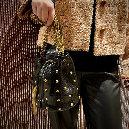 Saint Laurent Snakeskin Studded Anja Bucket Bag