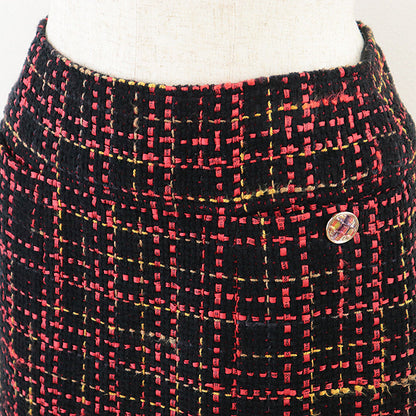 Chanel Tweed Skirt P73177, Crystal Button, Check Pattern, Black/Red/Mustard
