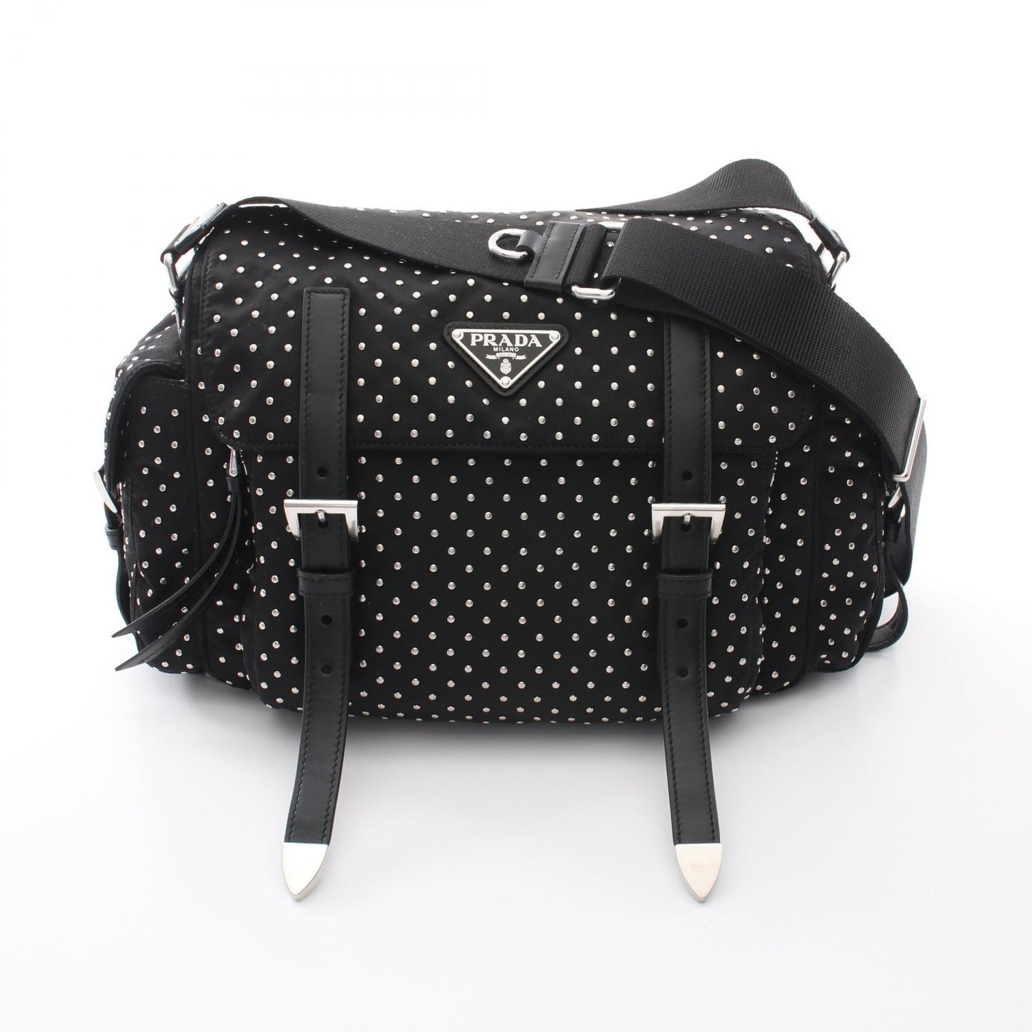 Prada Studs Nylon Leather Shoulder Bag