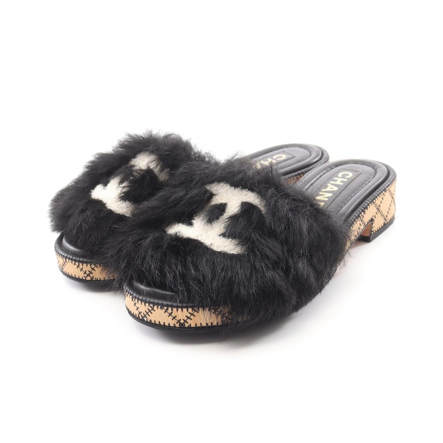 Chanel Coco Mark Leather Fur Sandals