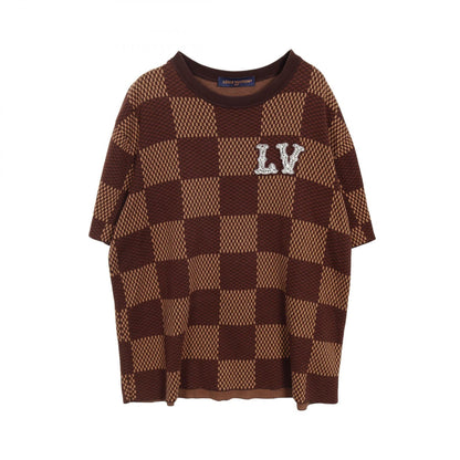 Louis Vuitton Short Sleeve Cotton Damier Crewneck with Strass LV Patch Cotton Top