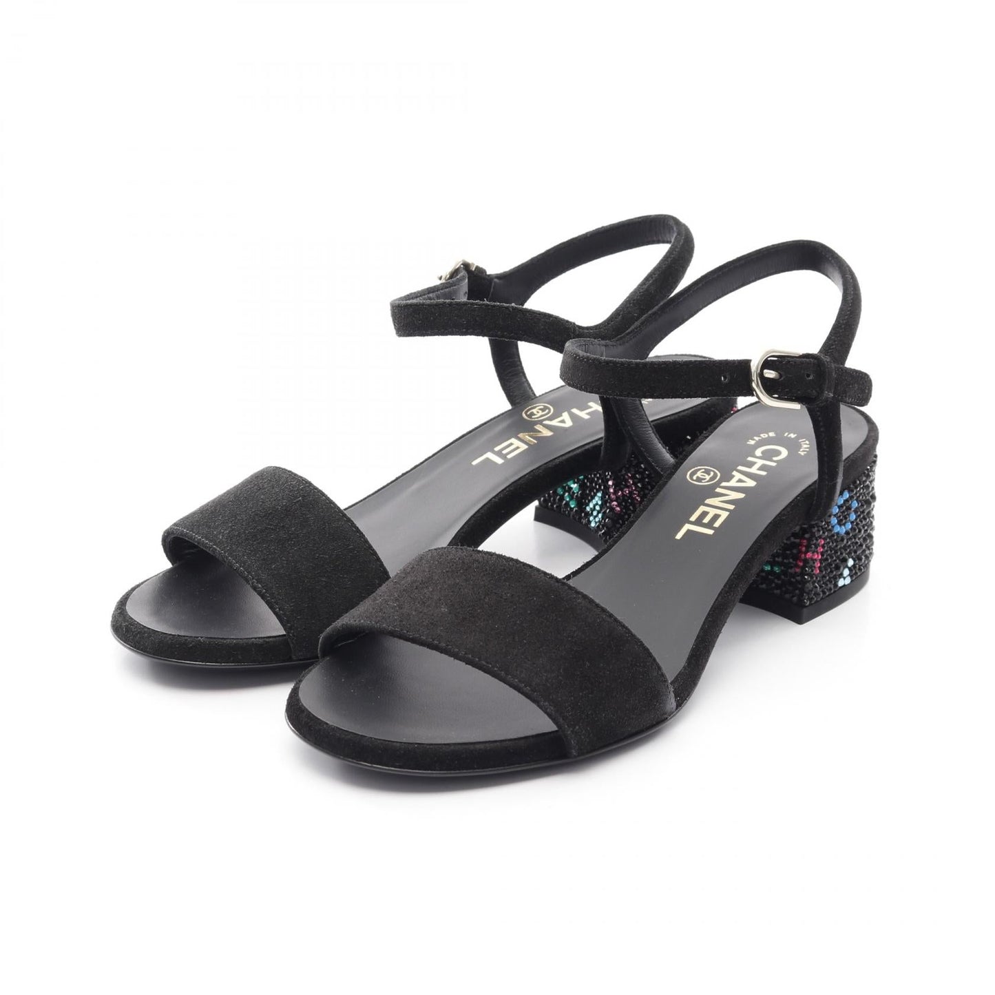 Chanel Rhinestone Logo Suede Sandals
