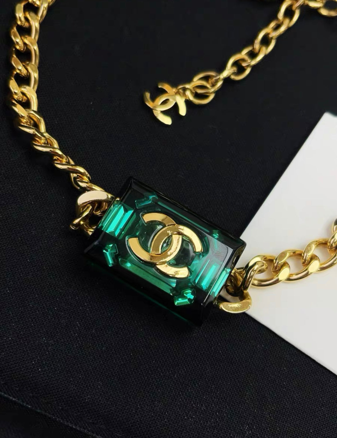 Chanel 23P emerald green square gold chain necklace