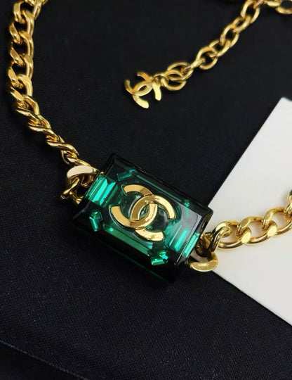 Chanel 23P emerald green square gold chain necklace