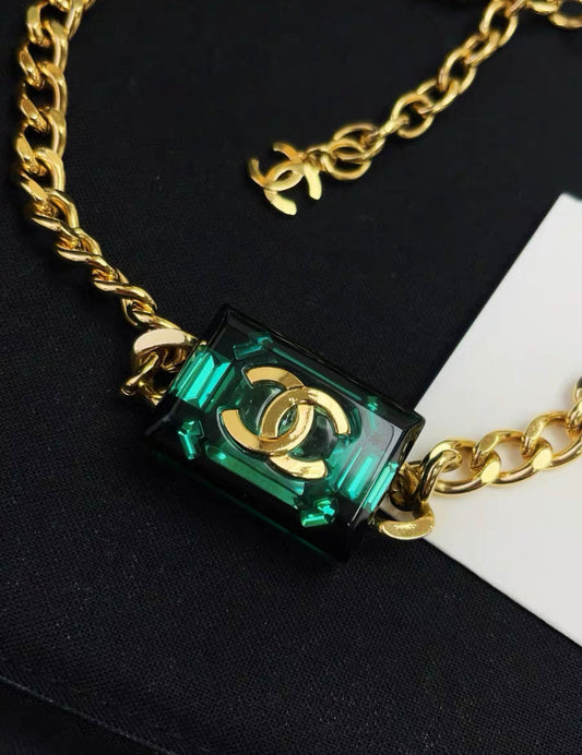 Chanel 23P emerald green square gold chain necklace