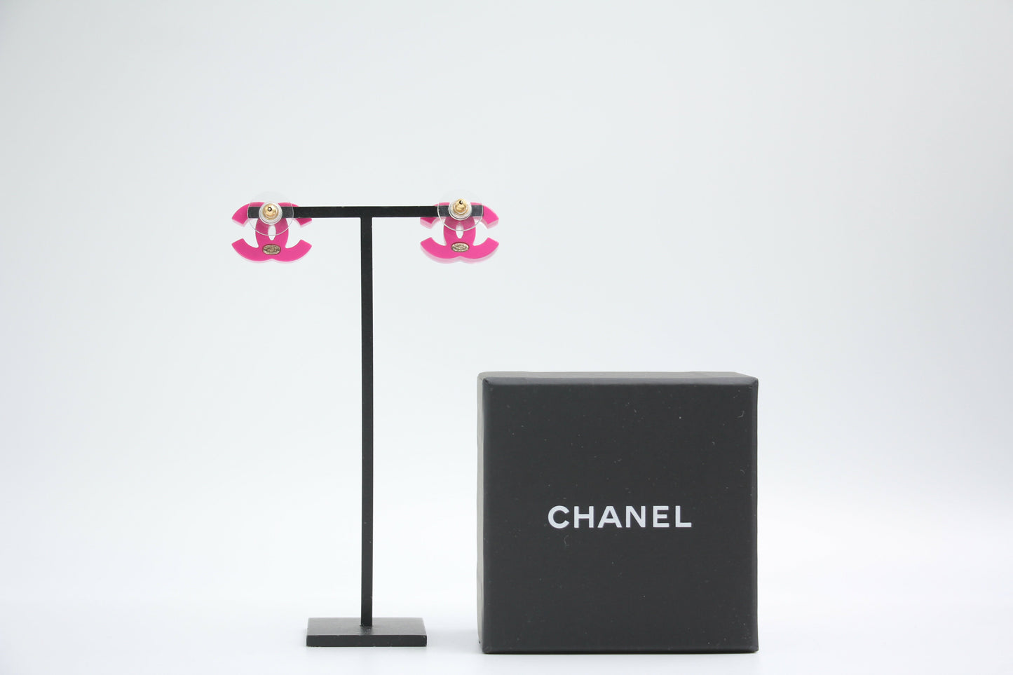 Chanel 2018 Resin Silver Glitter Pink Stud Earrings