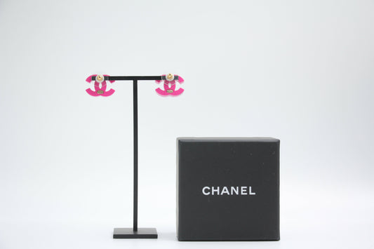 Chanel 2018 Resin Silver Glitter Pink Stud Earrings
