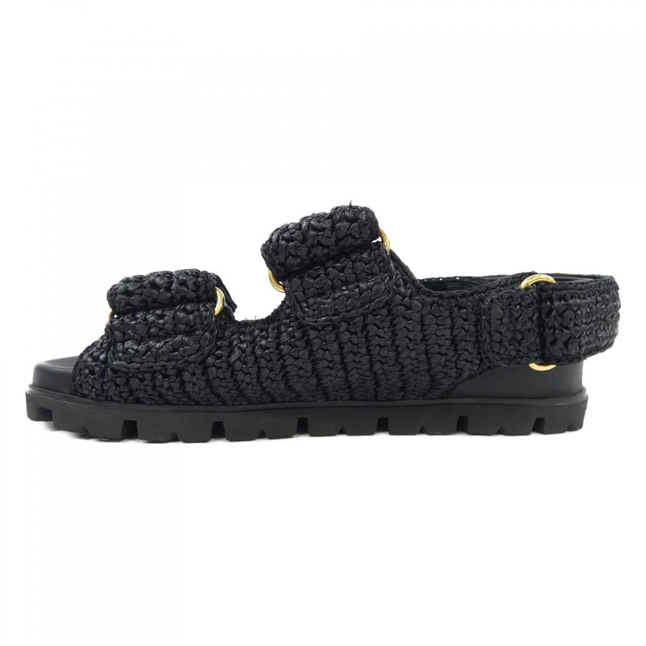 Prada Triangle Logo Crochet Raffia Sandals