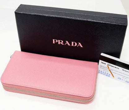 Prada Saffiano Metal Calfskin Long Zip Wallet with Coin Purse 1M0506 Pink