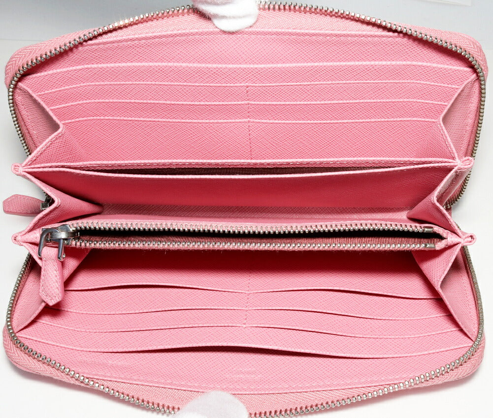 Prada Saffiano Metal Calfskin Long Zip Wallet with Coin Purse 1M0506 Pink