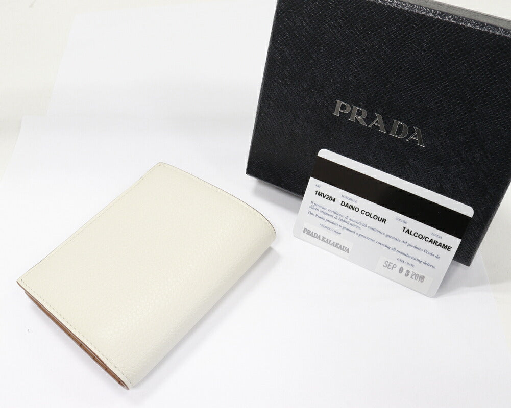Prada Calf 1MV204 Bi-fold Wallet Ivory x Camel