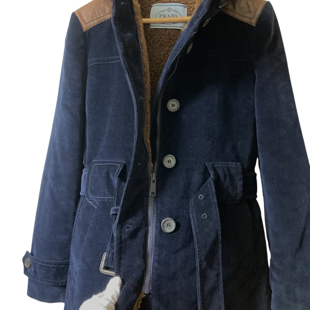 Prada Corduroy Leather Patch Hoodie Coat