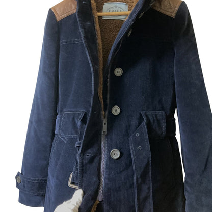 Prada Corduroy Leather Patch Hoodie Coat