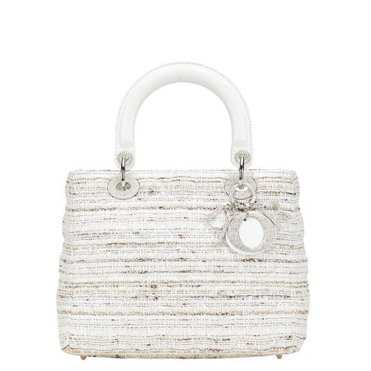 Dior Lady Dior Cannage Tweed Canvas Leather Handbag