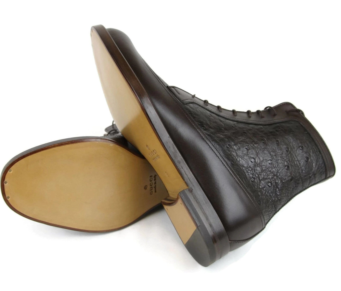 GUCCI Men's Lace-up Ostrich Leather Ankle Boots Brown 322508 US 8