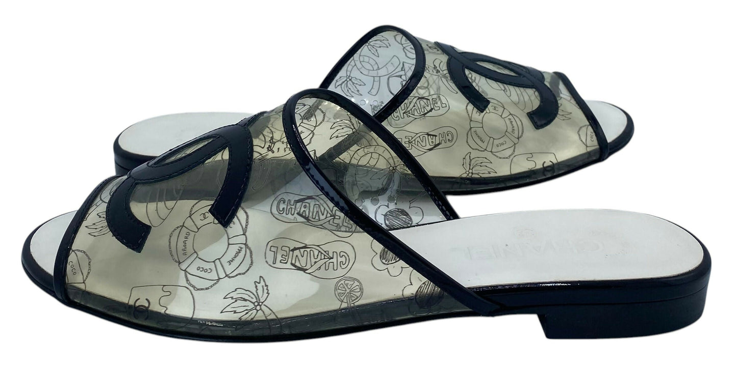 Rare Chanel PVC Black Patent Leather CC Logos Flat Slide Sandals EU 39.5C