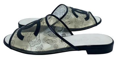 Rare Chanel PVC Black Patent Leather CC Logos Flat Slide Sandals EU 39.5C