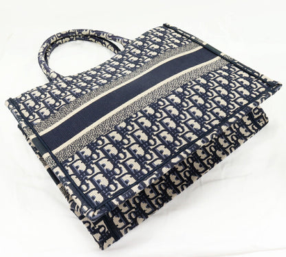 Christian Dior Book Tote Oblique Embroidery Cotton Canvas Tote Bag