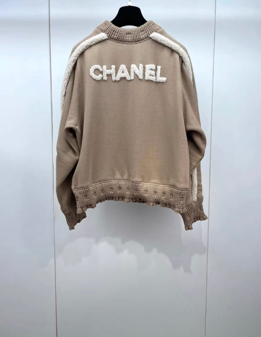Chanel 24/25 Fall Winter Shearling Lambskin, Brown & Beige Pullover size 42 Brand new with tags