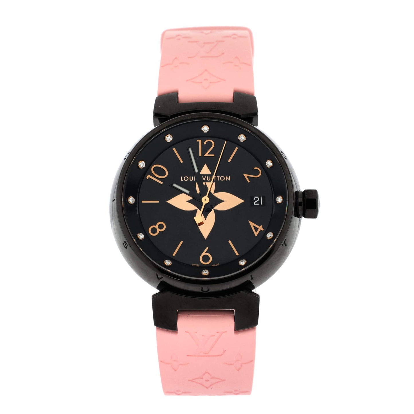 Louis Vuitton Tambour All Black Quartz Watch PVD Coated Stainless Steel and Monogram Rubber with Diamond Markers 34