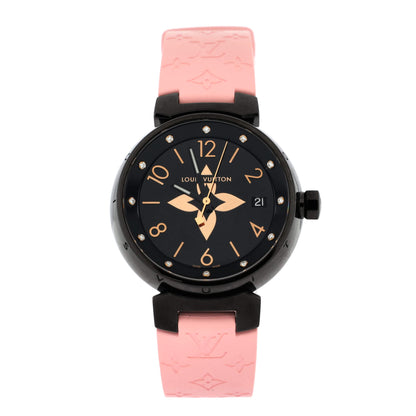 Louis Vuitton Tambour All Black Quartz Watch PVD Coated Stainless Steel and Monogram Rubber with Diamond Markers 34