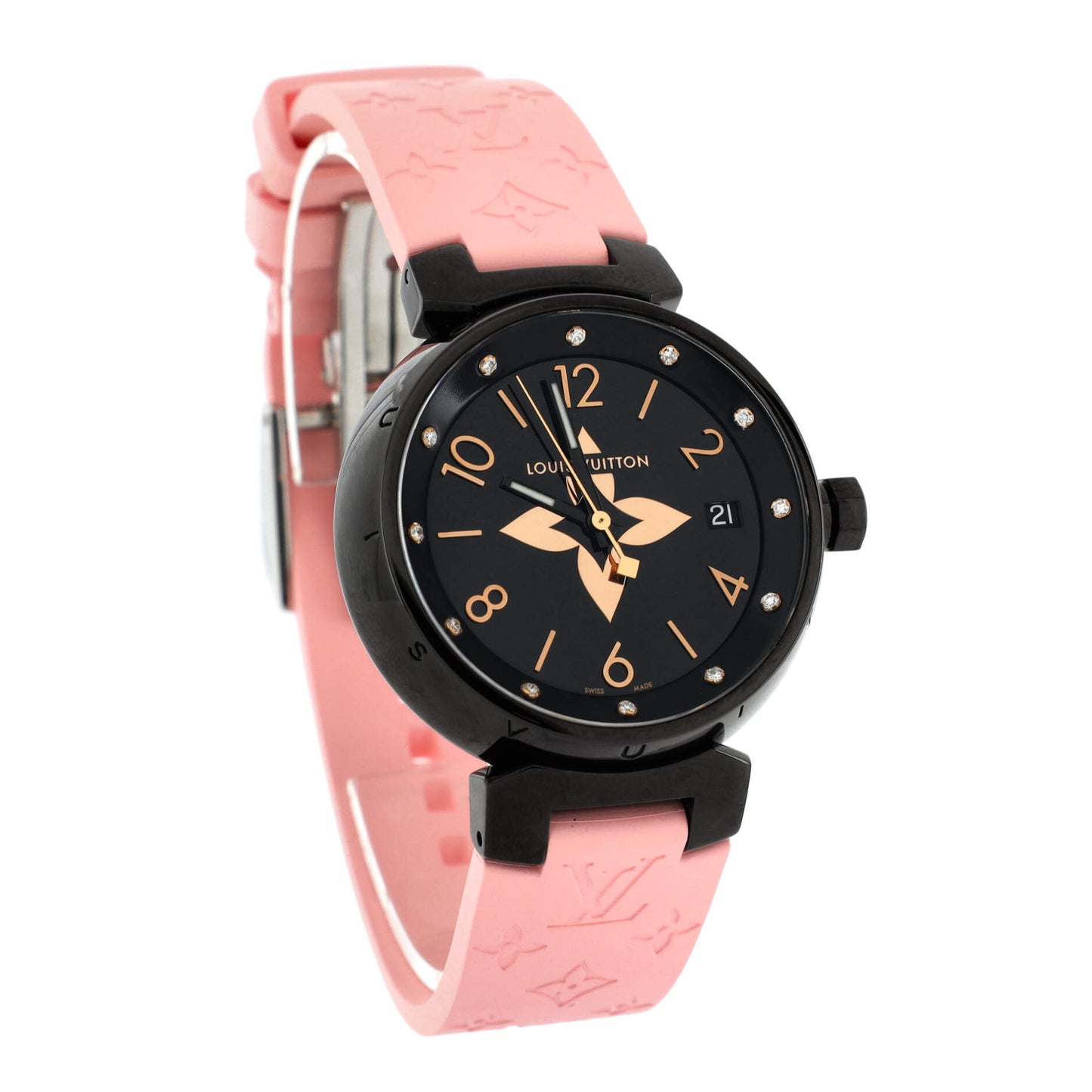 Louis Vuitton Tambour All Black Quartz Watch PVD Coated Stainless Steel and Monogram Rubber with Diamond Markers 34