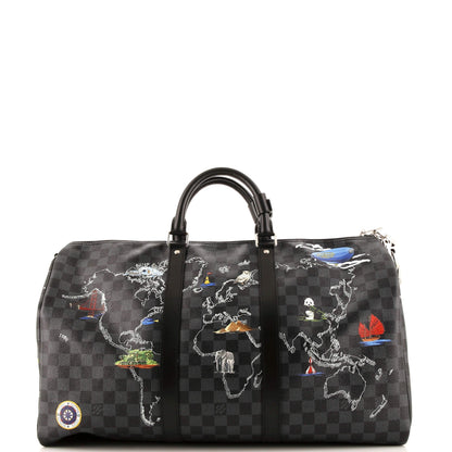 Louis Vuitton Keepall Bandouliere Bag Limited Edition Renaissance Map Damier Graphite 50