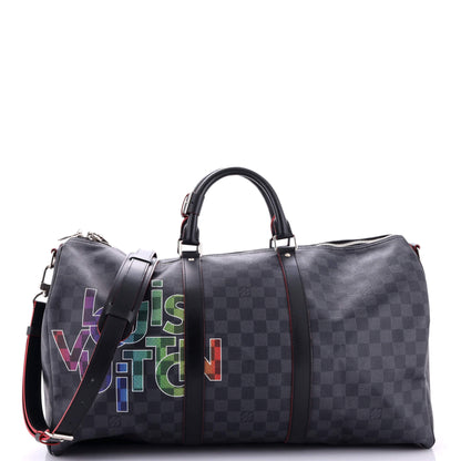 Louis Vuitton Keepall Bandouliere Bag Limited Edition Interlinked Logo Damier Graphite 50