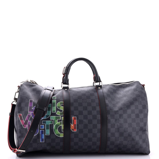 Louis Vuitton Keepall Bandouliere Bag Limited Edition Interlinked Logo Damier Graphite 50