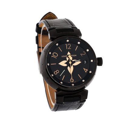 Louis Vuitton Tambour All Black Quartz Watch PVD Coated Stainless Steel and Alligator with Diamond Markers 34