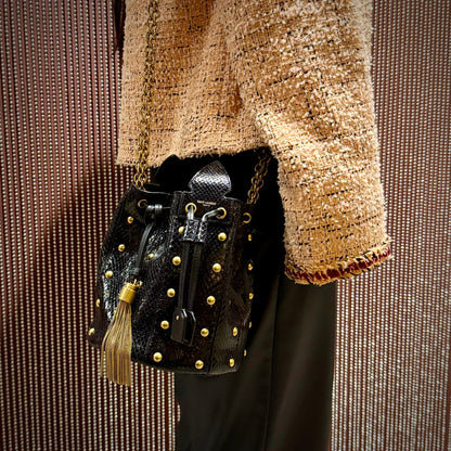 Saint Laurent Snakeskin Studded Anja Bucket Bag
