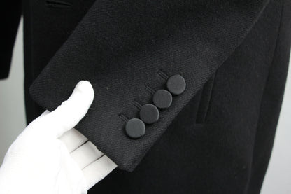 Saint Laurent Black Tuxedo Coat In Grain De Poudre + Saint Laurent YSL Logo Twisted Stripe Texture Brooch