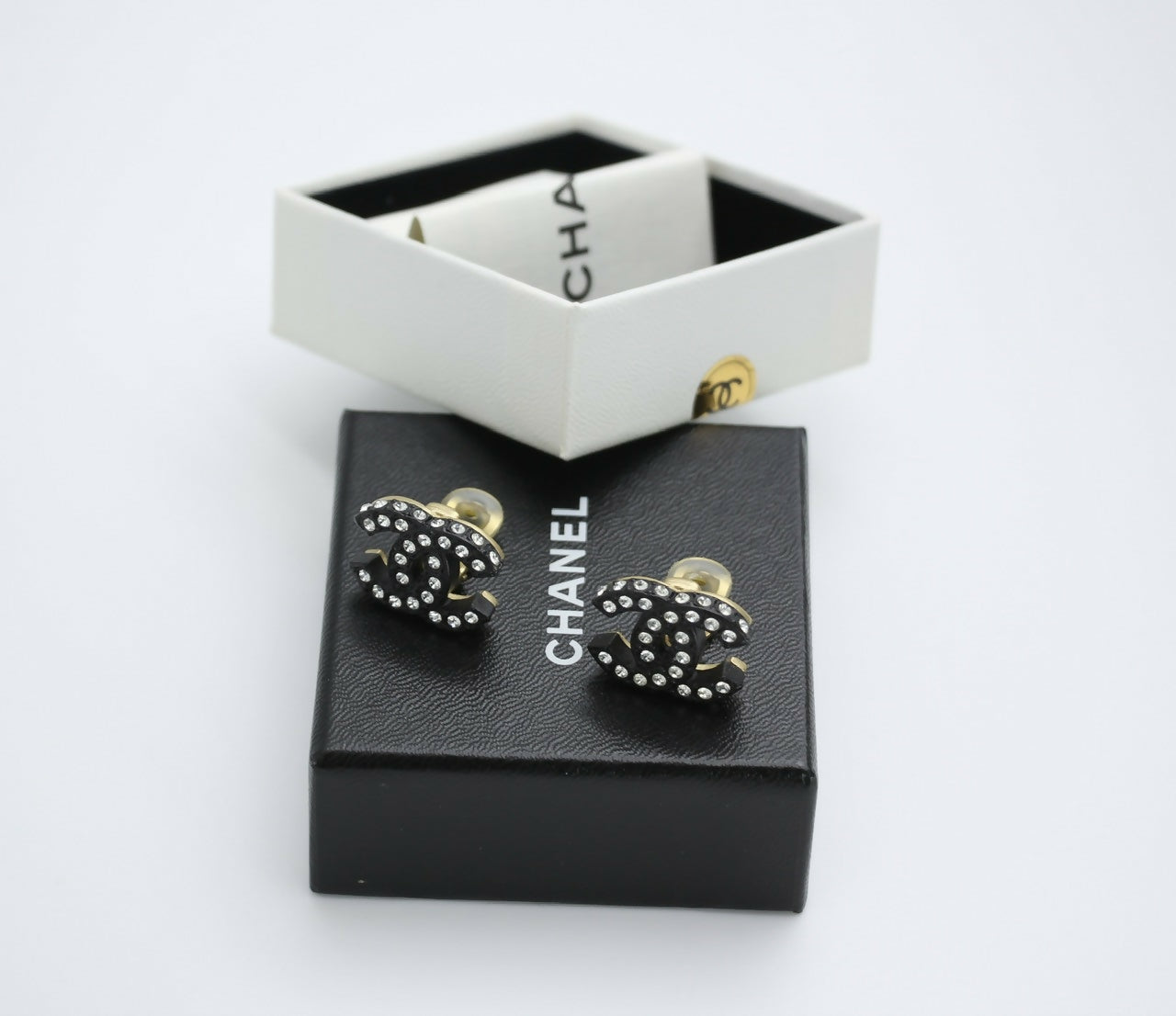 Chanel Vintage 02A Rhinestone Black CC Logo Clip-on Earrings
