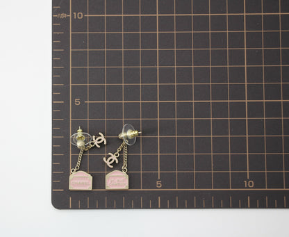 Chanel Vintage 01 Enamel Pink Purse Rue Cambon CC Dangle Stud Earrings